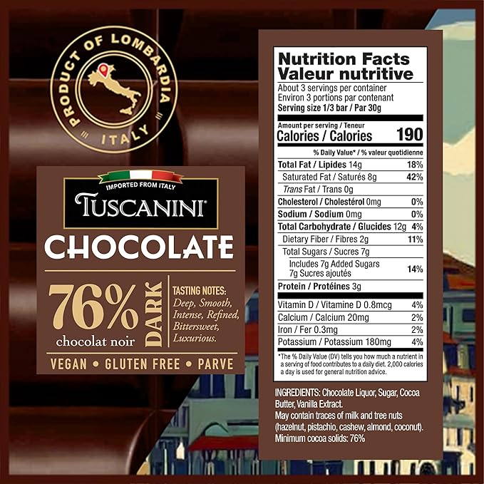 Tuscanini Dark Chocolate Variety Pack – 4 Flavors 3.5oz Bars | Imported from Italy | Vegan Gluten Free Dairy Free | Dark &amp Smooth Almond Cacao Nibs 76% Extra Dark | Gourmet European Chocolat