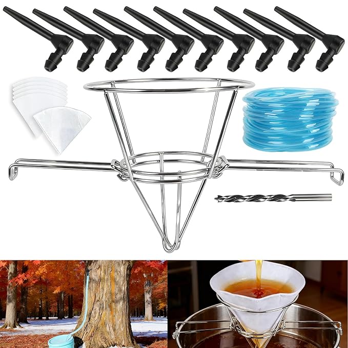 LEMEWEL Maple Syrup Filter Kit – Complete Kit for Beginners and Families | Includes 10 Maple Syrup Taps 32.8ft Food-Grade Tubing Cotton Filters Stainless Steel Foldable Filter Stand and Drill Bit