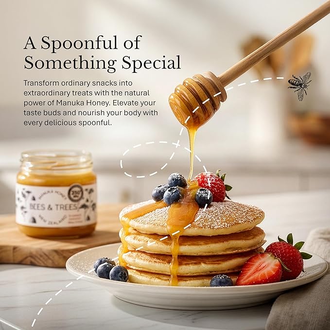 Bees &amp Trees Manuka Honey 350+ MGO - Raw Pure New Zealand Monofloral Honey – Unpasteurized &amp Natural Unfiltered Manuka for Tea Coffee Dressings Smoothies &amp Daily Use – Glass Jar 380g (