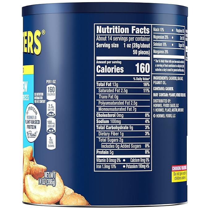 PLANTERS Salted Cashew Halves &amp Pieces Party Snacks Plant-Based Protein 14 Oz Canister (Pack of 2)