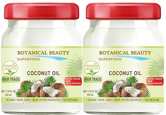 Botanical Beauty COCONUT OIL FAIR TRADE 100% Pure. EXTRA VIRGIN UNREFINED RAW COLD PRESSED. 7.75 Fl.oz – 225 ml. (Pack 2)