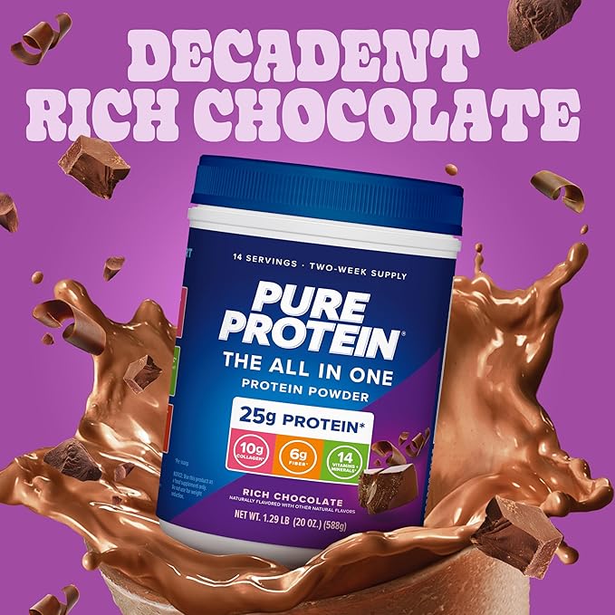 Pure Protein All-In-One Powder Rich Chocolate - Whey &amp Collagen High Fiber Vitamins No Added Sugar Non-GMO Gluten-Free 1.25lb