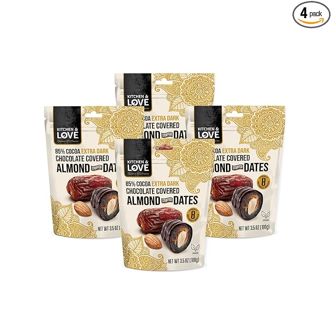 Kitchen &amp Love Chocolate Covered Almond Stuffed Dates in a Convenient Resealable Pouch 8 Individually Wrapped Pieces 85% Extra Dark Chocolate Healthy Snack 3.5 oz pouch (Pack of 4)