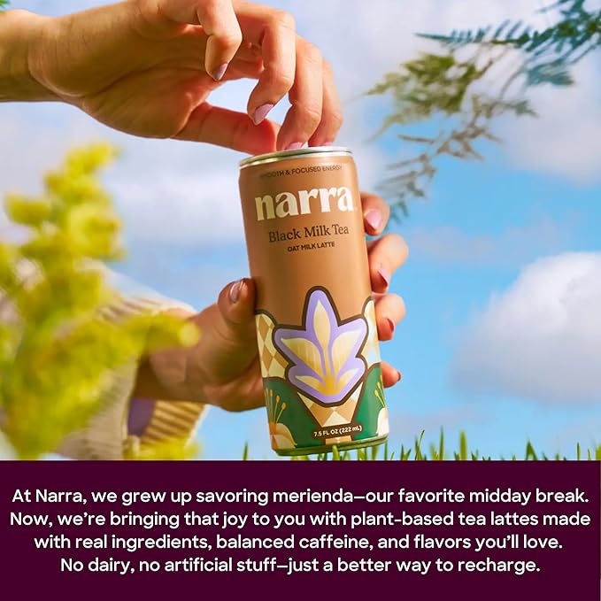 Narra Oat Milk Tea Latte (12 Pack) - Black Tea Smooth Balanced Energy from Tea (50–60mg Caffeine + L-Theanine) Organic Oat Milk MCT Oil Vegan Dairy Free No Refined Sugar Non-GMO