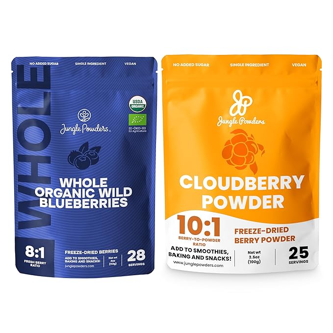 Jungle Powders Freeze Dried Organic Wild Blueberries 4oz &amp Cloudberry Powder 3.5oz – No Sugar Added Pure Fruit Powder for Smoothies Baking Jam Flavoring &amp Natural Antioxidant Boost