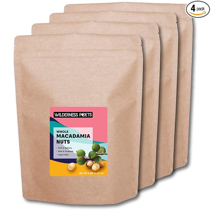 Wilderness Poets Raw Whole Macadamia Nuts - Fresh Buttery Unsalted Unroasted - Bulk Size Super Keto (5 Pound - Pack of 4)