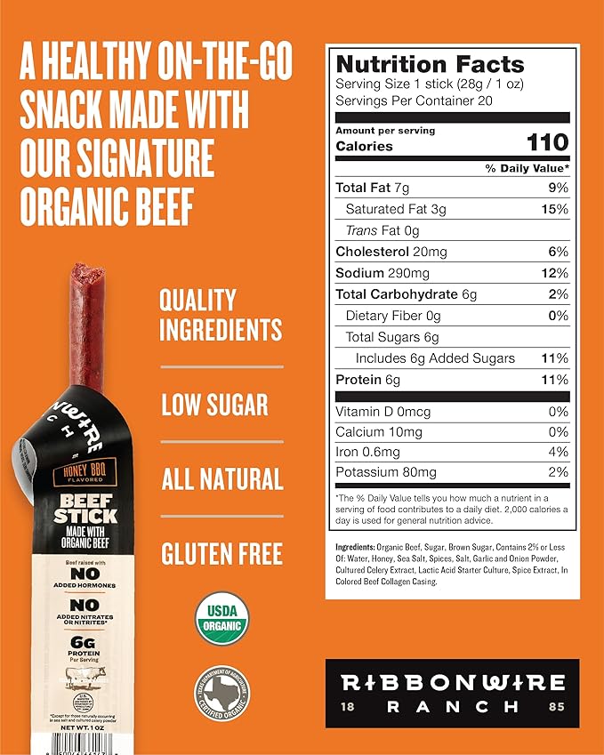 Ribbonwire Ranch Beef Sticks Made with Organic Beef Pasture Raised High Protein Snack Healthy Low Carb Keto Friendly Gluten Free Nitrate Free On the Go 1 Oz Sticks Honey BBQ Flavor 20 Pack