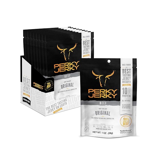 Perky Jerky Original 100% Grass Fed Beef Jerky 1 oz (Pack of 12) - Antibiotic Free - 10g Protein Per Serving - Low Fat - Tender Texture and Bold Flavor