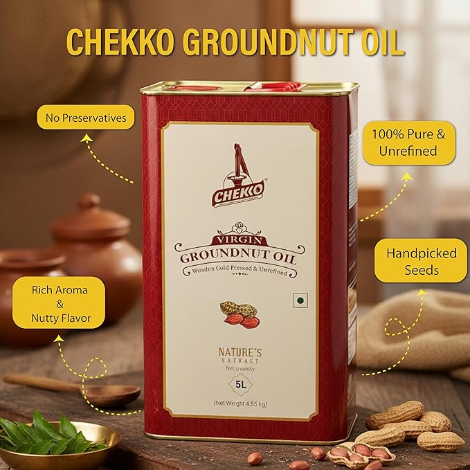 Chekko Peanut Oil Cold Pressed | 5 Liter (169 Fl Oz) | Groundnut Oil | Unrefined Wood Pressed | Pure Natural Non-GMO Cooking Oil for Deep Frying