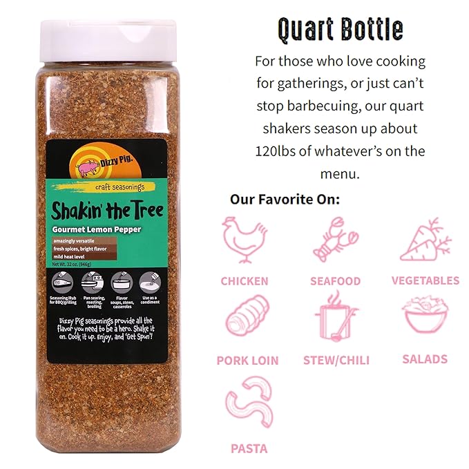 Dizzy Pig Shakin' the Tree Gourmet Lemon Pepper Seasoning Rub (Quart Shaker) - Seasons Around 120lbs of Food - Hand Made in the USA - MSG Free Gluten Free