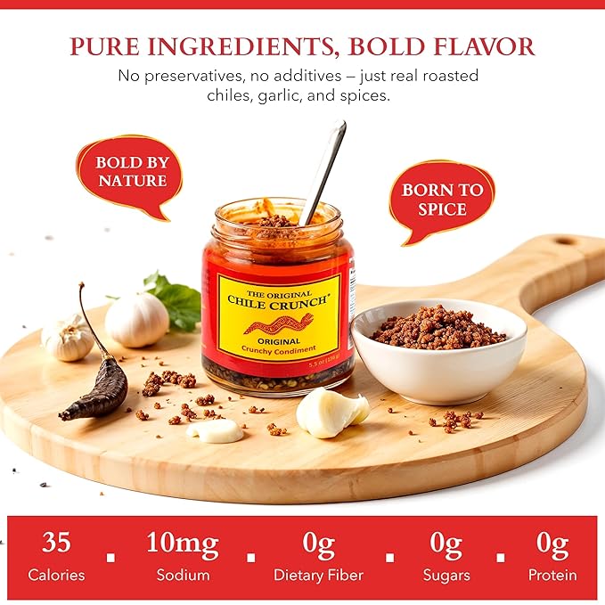 CHILE CRUNCH - Original Spicy Crunchy Condiment - All Natural Roasted Chili Peppers Garlic &amp Onion Crisp Sauce - Vegan Gluten-Free No Preservatives - Homemade Authentic Mexican Recipe 5.5oz (2