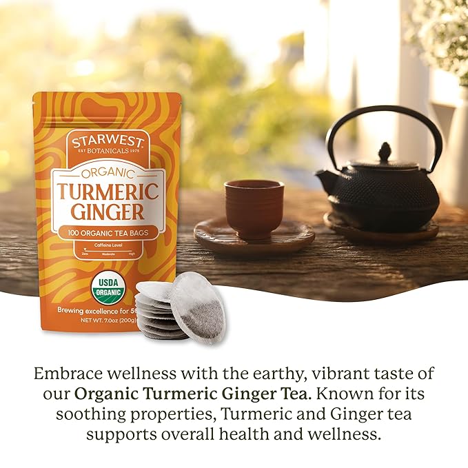 Starwest Botanicals Organic Turmeric Ginger Tea - Caffeine Free Herbal Tea with Turmeric Cinnamon &amp Ginger Tea with Antioxidant Properties String Free Sachets Non GMO - Bulk Pack 100 Tea Bag