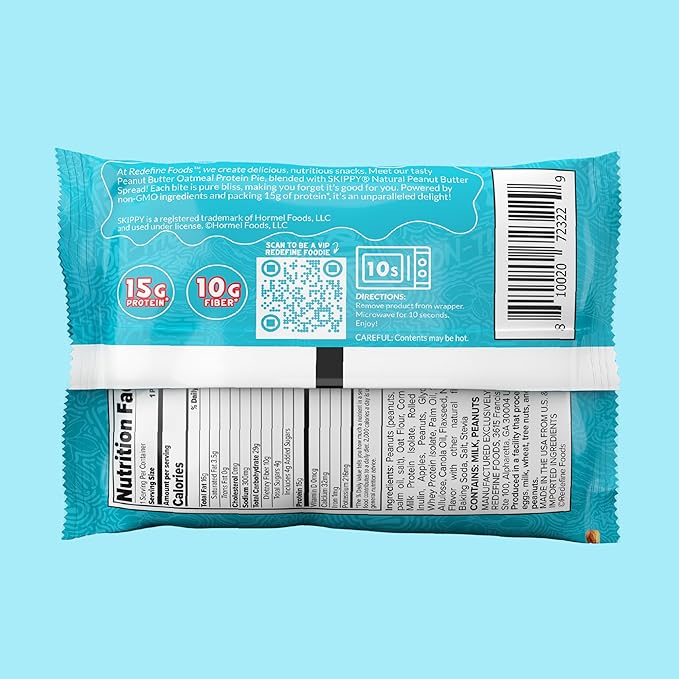 Redefine Foods Oatmeal Protein Pie SKIPPY Peanut Butter - 8 Count - 15g of Protein Per Serving - Non-GMO