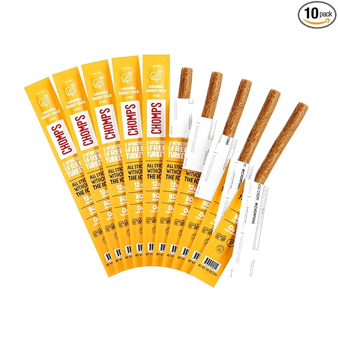 Chomps Original Turkey Jerky Meat Snack Sticks 10-Pack - Keto Paleo Low Carb Whole30 Approved 12g Lean Meat Protein Gluten Free Antibiotic Free Zero Sugar Food