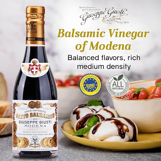 Giusti Balsamic Vinegar of Modena IGP – Full-Bodied Italian Gourmet Aceto Balsamico di Modena for Salads Marinades Cheese &amp More – 2 Gold Medals – Made in Italy – 8.45 fl oz (250 ml) - Pack of 1