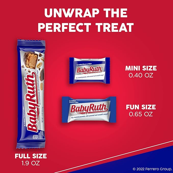 Baby Ruth Candy Bar with Chocolatey Caramel Peanuts and Nougat 2 Piece Share Pack 3.3 oz Bulk 18 Pack