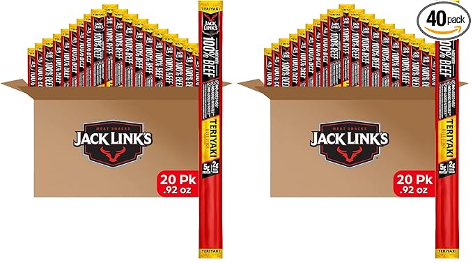 Jack Link's Beef SticksTeriyaki - Protein SnackMeat Stick with 5g of ProteinBeef Jerky Meat Snack Sticks Made with 100%-BeefKeto FriendlyIndividually Wrapped - 0.92 Oz.(Pack of 40)