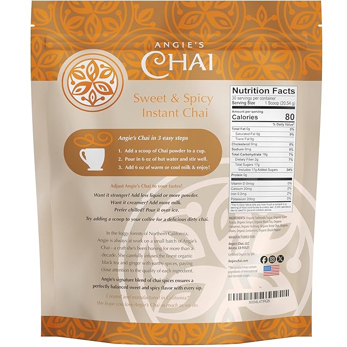 Angie's Chai Sweet &amp Spicy Organic Instant Chai Tea Powder - Made in USA Delicious Spiced Chai Powder Mix 30 Servings 80 Calories Handcrafted Free of Artificial Ingredients Natural Indian Sp