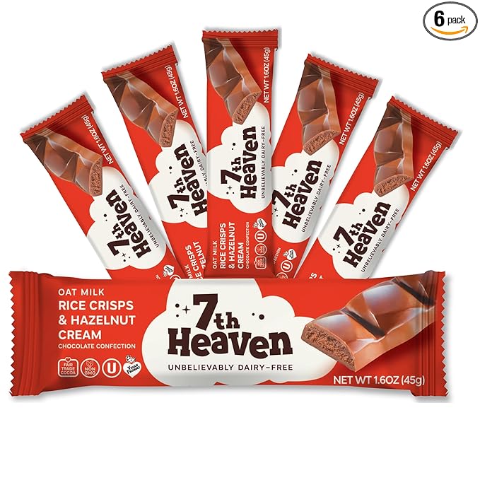 7th Heaven Vegan Oat Milk Chocolate Snack Bars: Rice Crisps and Hazelnut Cream - (1.6 oz - 6 Pack) Healthy Chocolate Perfect Valentines Gift For Your Loved Ones 100% Dairy Free Non GMO Kosher Pa