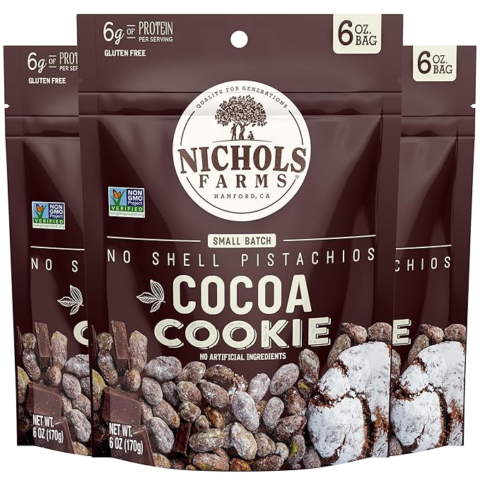 Nichols Farms Pistachios - Fresh Roasted No Shell Pistachio - Nutrient Rich Nuts Snack Packs - Non-GMO California Grown - Healthy Wonderful Tasting Party Snack - (Cocoa Cookie)
