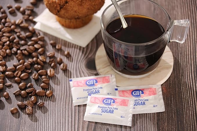 C&ampH Premium Pure Cane Sugar Packets 0.10 Ounce (2.8 Gram) NON-GMO Packets Pack of 800 in Dispenser Box