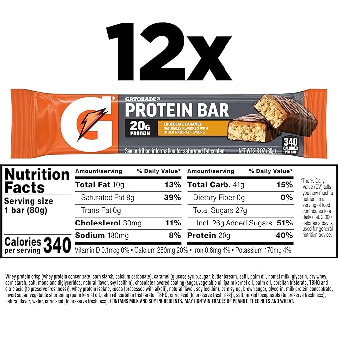 Gatorade Whey Protein Bars Chocolate Caramel 2.8 oz bars (Pack of 12 20g of protein per bar)