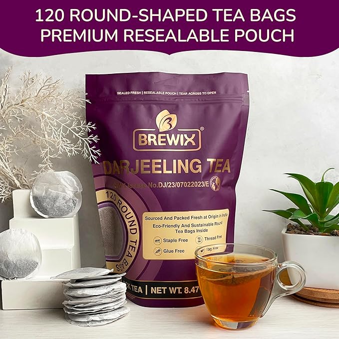 BREWIX Darjeeling Black Tea Bags From Himalayas (120 Round Tea Bag) | Caffeinated | Breakfast Tea