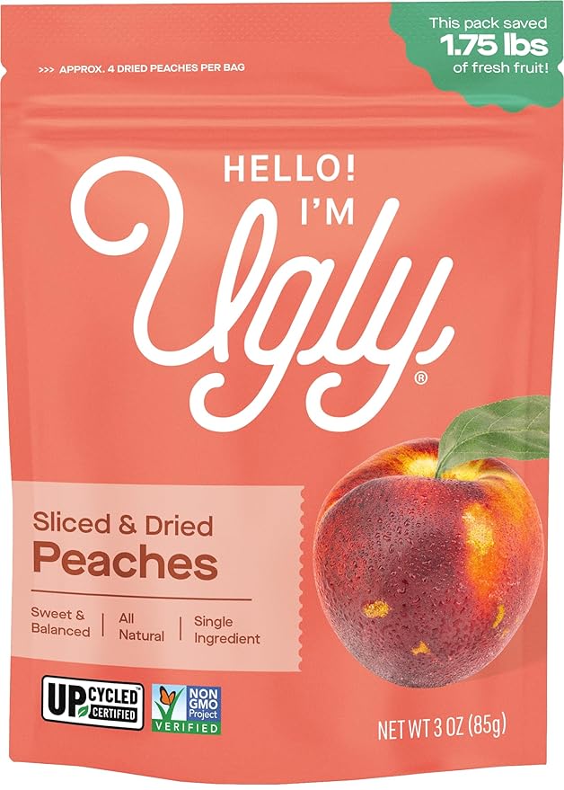 Hello! I’m Ugly Sliced and Dried Peaches No Sugar Added Healthy Sweet Snacks Peach Slices Upcycled California Produce Naturally Sweet Fruit Snacks 3 oz Pack of 3