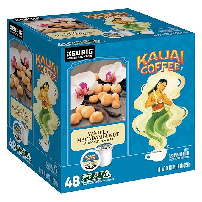 Kauai Coffee K-Cup Pods for Keurig Brewers – Arabica Coffee 10% Hawaiian – Medium Roast Vanilla Beans with Toasted Macabamia Nuts – Vanilla Macadamia Nut 1 Pack of 48 Single Serve K-Cups