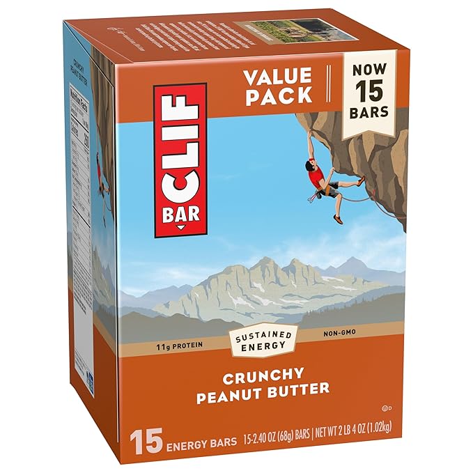 CLIF BAR - Crunchy Peanut Butter + Chocolate Chip - Made with Organic Oats - 11g Protein - Non-GMO - Plant Based - Energy Bars - 2.4 oz. (30 Count)