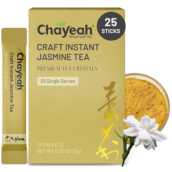 CHAYEAH Craft Instant Jasmine Tea Unsweetened Jasmine Green Tea Powder for Quick Hot &amp Cold Beverages 100% Natural On-the-Go Premium Tea Crystals Caffeinated (25 Single Serve Packets)