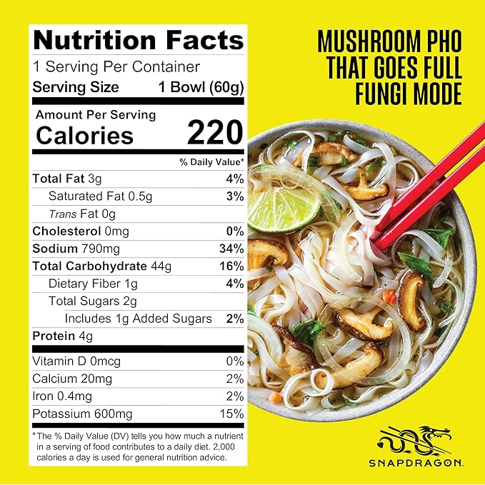 Snapdragon Mushroom Pho Instant Noodle Bowls | Mushroom Flavor Broth with Rice Noodles | Gluten Free | No Artificial Flavors | No MSG Added | 2.1 oz (6 Pack)
