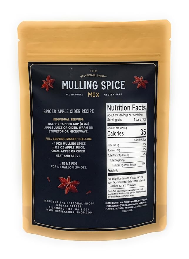 Mulling Spices for Apple Cider Bliss and Spiced Cider Mix Perfection by The Seasonal Shop now in our Resealable Gusseted Pouch for Easy Measuring and Storage. For use in Cider Wine Baking and more!