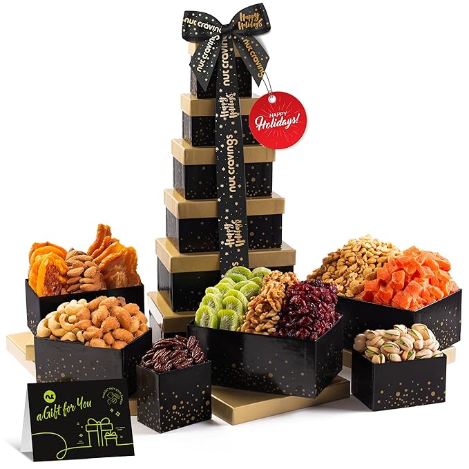 NUT CRAVINGS - Christmas Treats Tower Dried Fruit &amp Nuts Gift Basket with Happy Holiday Ribbon (12 Assortments) Food Arrangement Healthy Snack Care Package Kosher