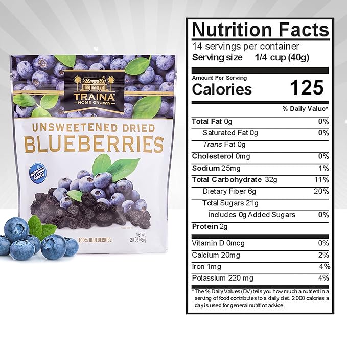 Traina Home Grown Unsweetened Dried Blueberries - Healthy &amp Non-GMO Natural Sweet Flavor With No Sugar Added Perfect Snack In Resealable Pouch (20 Oz)