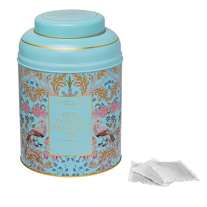 New English Teas Song Thrush &amp Berries Tea Tin in Mint Green with 240 English Breakfast Teabags
