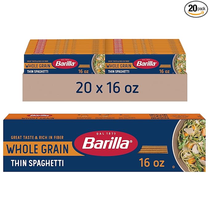 Barilla Whole Grain Thin Spaghetti Pasta 16 oz. Box (Pack of 20) - Non-GMO Made With 100% Whole Grain Durum Wheat - Great Source of Fiber