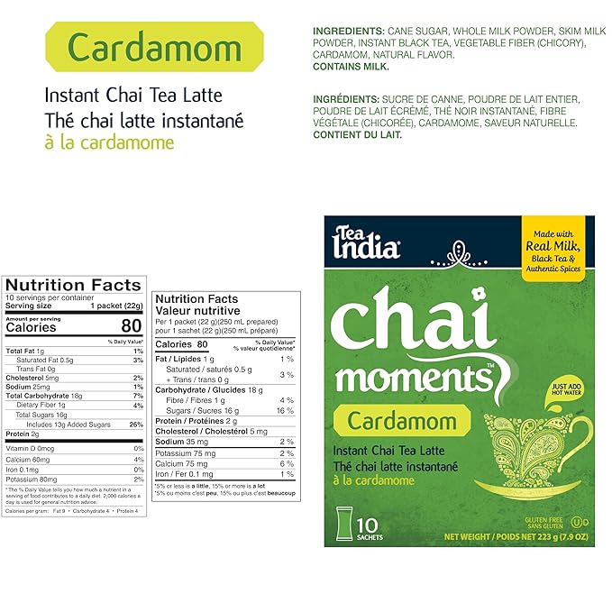 Tea India Chai Moments Cardamom Chai Tea Instant Latte Mix Flavorful Blend Of Premium Black Tea Cardamom &amp Natural Ingredients Traditional Indian Tea Individually wrapped 10 Sachets Pack of 6