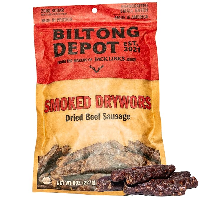 Biltong Depot Smoked Drywors - 8oz | Air-Dried Beef Snack Sticks | High Protein | Paleo and Keto Friendly | Zero Sugar | Gluten Free | No Artificial Preservatives | No MSG
