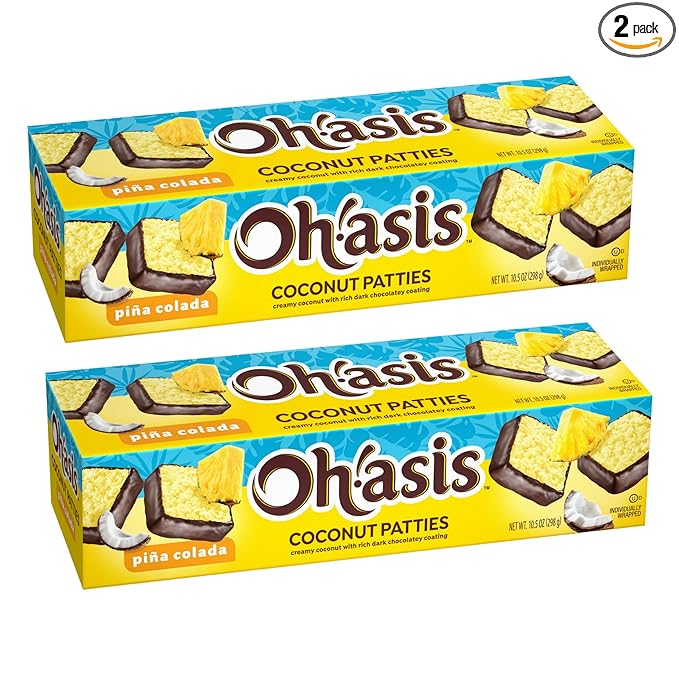 Coconut Patties Pina Colada Flavor – Chocolate Covered Coconut Candy Bars – Soft &amp Chewy Tropical Snack – 2 Pack – Oh!asis