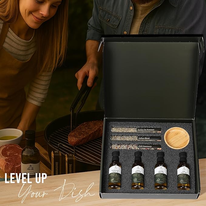Infused Olive Oil Gift Set – Variety Pack - 4 Flavored Olive Oil Extra Virgin 3 Spice Flavorful Infusion Blends Bread Dipping Bowl &amp Recipe Booklet - Set of 8 – Gourmet Cooking Gifts for Women -