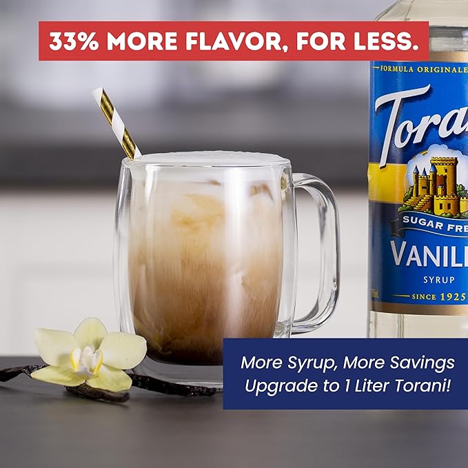 Torani Sugar Free Vanilla Syrup 1 Liter Bottle with Pump Dispenser – Zero Calorie Flavored Coffee Syrup for Lattes Cold Brews Teas Cocktails &amp Desserts
