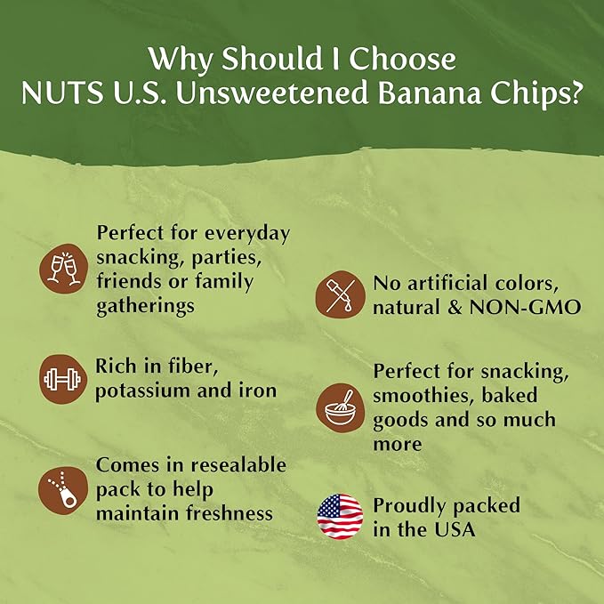 NUTS U.S. - Unsweetened Banana Chips | No Sulphure Added &amp No Artificial Colors | NON-GMO | Natural | Packed in a Resealable Bag!!! (3 LBS)