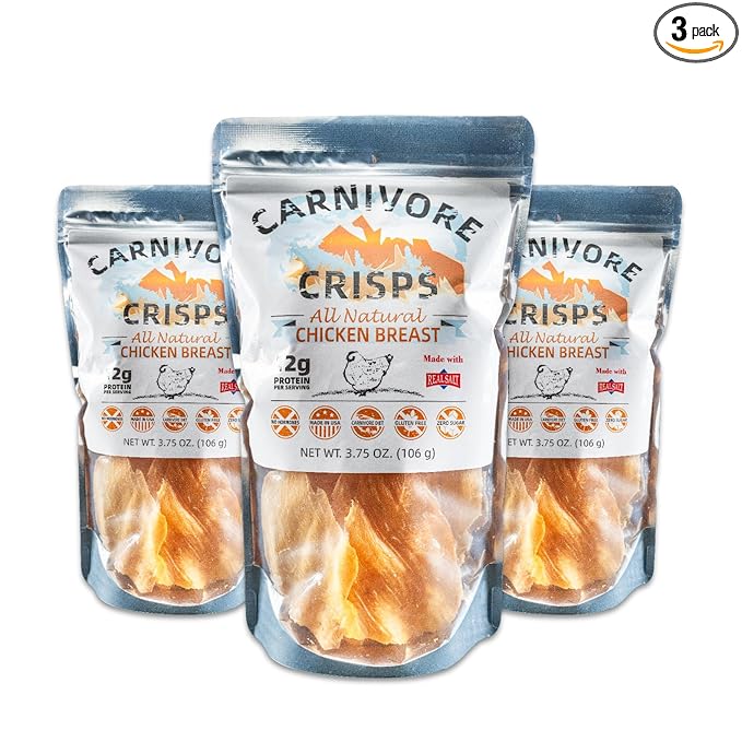 Carnivore Crisps Chicken Breast All Natural ZERO SUGAR Just Meat and SaltHigh Protein Keto &amp Carnivore Diet Approved Gluten-Free No Hormones 3.75 oz (Pack of 3)
