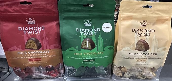 Diamond Twist Dubai Style Kunafa Chocolate – Pack of 3 | Assorted Milk Chocolate Kunafa Flavors | Pistachio Bisco Cream &amp Bonello Kunafa | Premium Middle Eastern Sweets | 450g Each