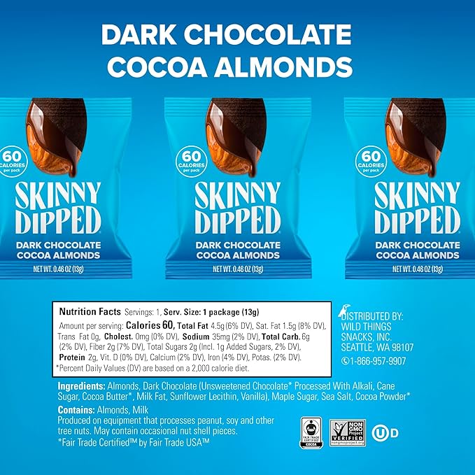 SkinnyDipped Snack Attack Minis Almond Variety Pack Healthy Snack Plant Protein Gluten Free 0.46 oz Mini Bags Pack of 25