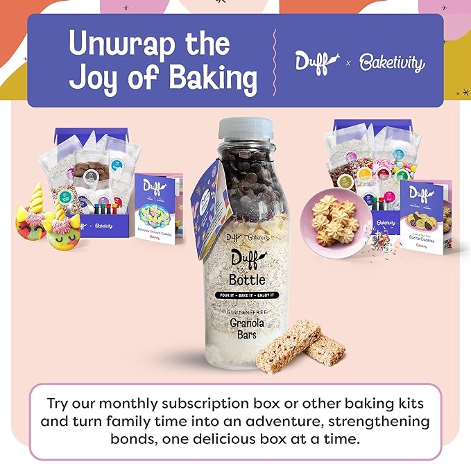 Baketivity 3 pack Chocolate Chip Cookie Mix + 3 pack Granola Bar Mix - 6 pack Duff in a Bottle Baking Kit for Kids and Adults Granola Mix and Cookie Mix for Baking with Premeasured Ingredients