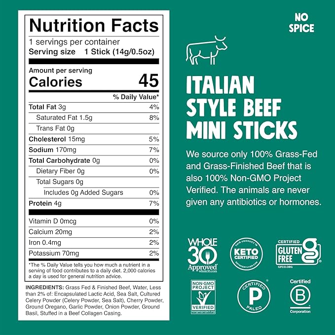 Chomps Snack Size Grass-Fed Italian Beef Jerky Snack Sticks 0.5oz 24-Pack - Keto Paleo Whole30 4g Lean Meat Protein Gluten-Free Zero Sugar Food Non-GMO Chomplings