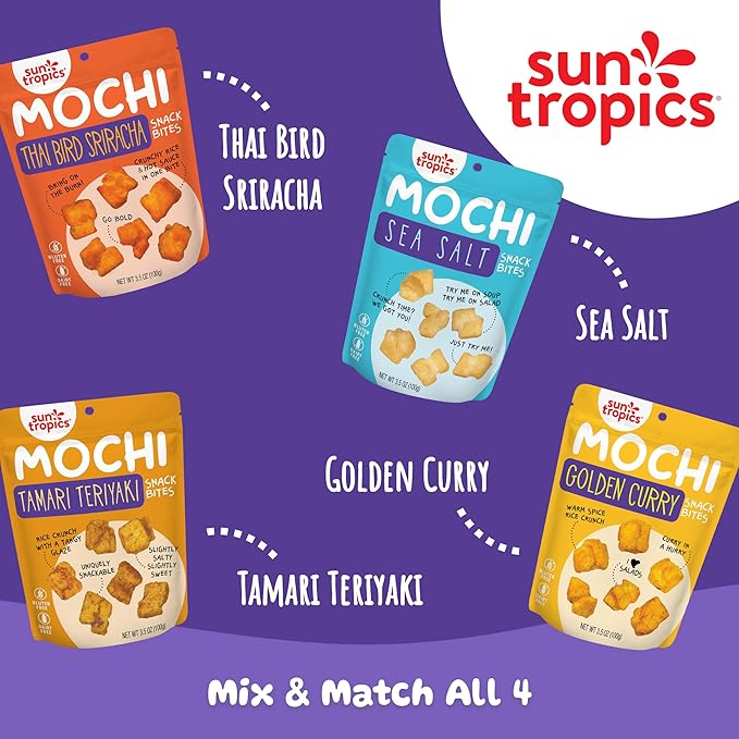 Sun Tropics Mochi Snack Bites Thai Bird Sriracha Flavor- 3.5 oz (6 Pack)| Crispy Spicy Mochi Bites Rice Nuggets | Mochi Puff Rice Crackers- Gluten Free &amp Dairy Free- No MSG Added | Asian Rice Sn