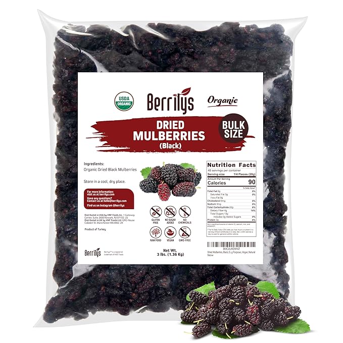 Dried Mulberries Black Organic Berrilys 3 LB Dried Mulberry Non-GMO Unsulfured Raw Healthy Snacking Great Ingredient for Baking Purposes Vegan Natural